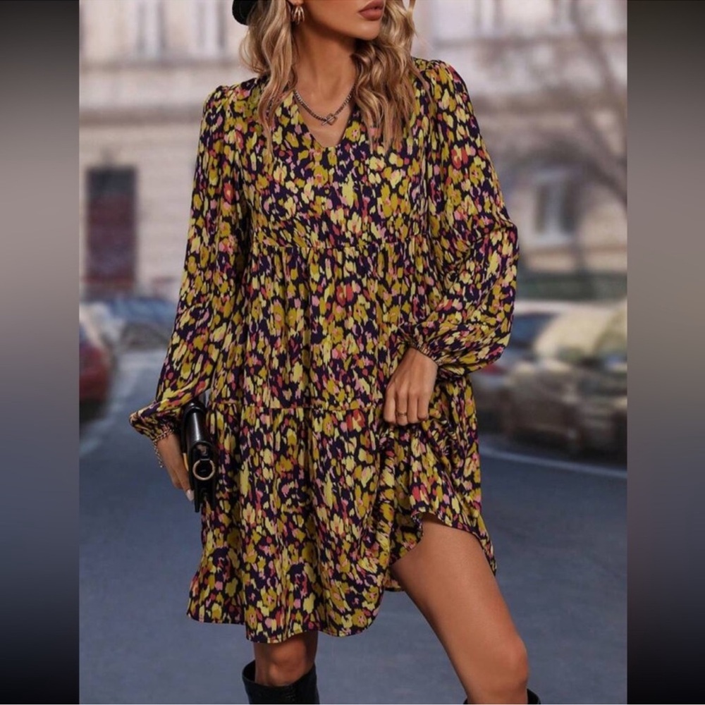 Boho Floral Print Notched Neck Ruffle Hem Long Sleeve Dress S M L XL